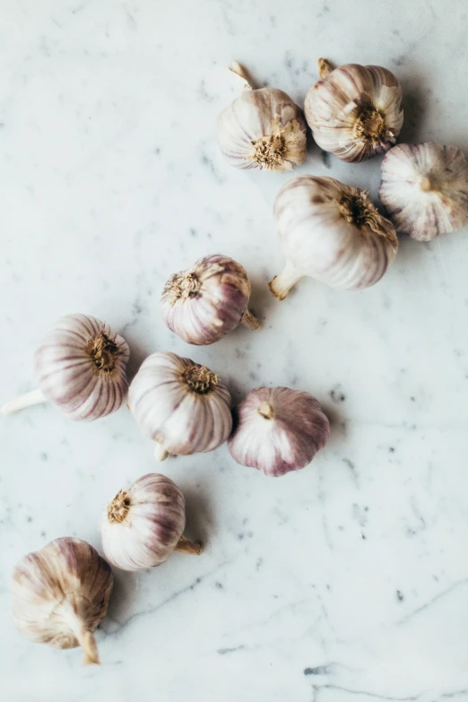 a bunch of garlic sitting on top of a marble counter, by Carey Morris, trending on unsplash, silver haired, 1 6 x 1 6, made of glazed, multiple stories