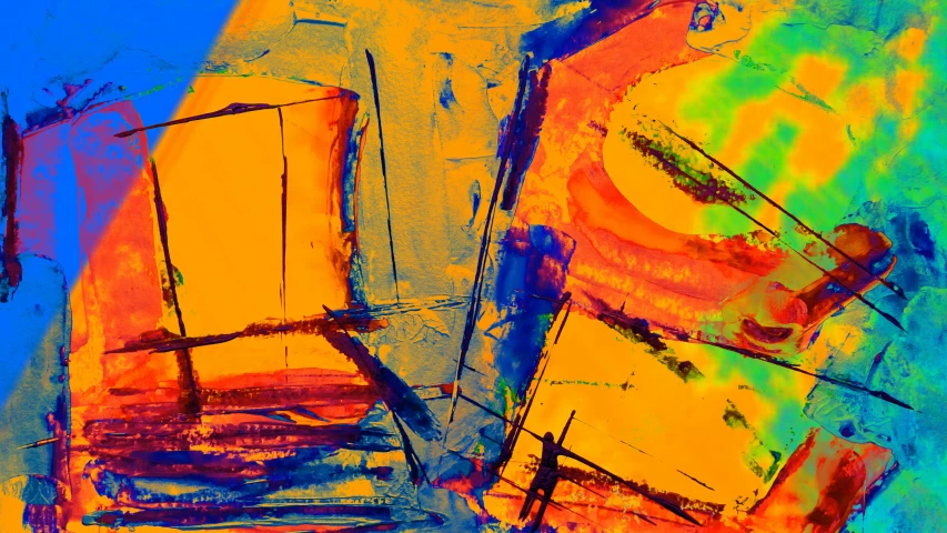 a painting of a boat on a body of water, inspired by Hans Hofmann, pexels, lyrical abstraction, orange and blue, yellow infrared, close-up print of fractured, digital art - w 640