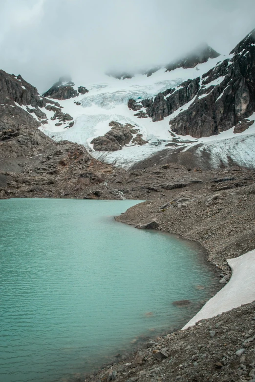 a lake surrounded by snow and mountains