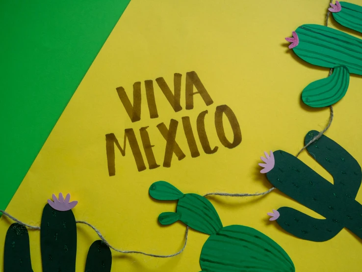 a paper cactus garland with the words viva mexico on it, by Olivia Peguero, pexels contest winner, paper cut out, 3 colour print, wit studio, yellow and green