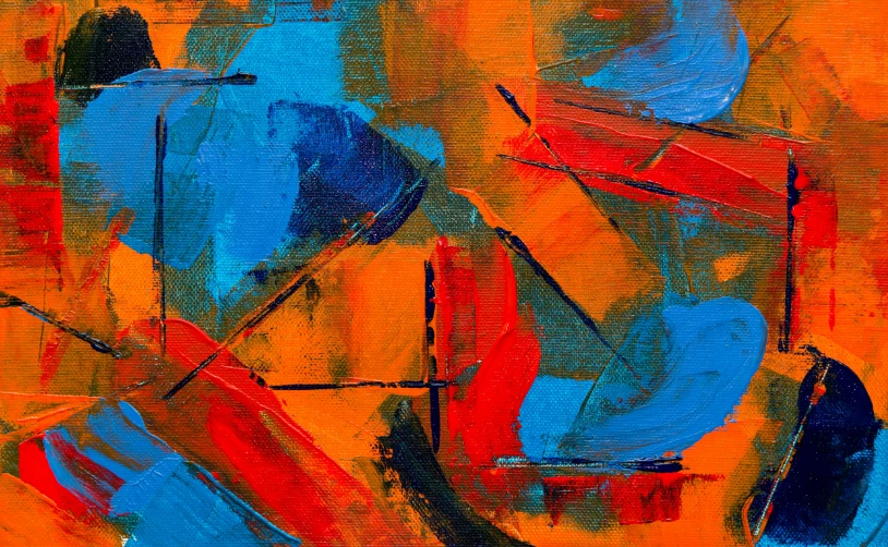 a painting with orange, blue, and red colors, by Micha Klein, pexels, abstract art, blue, jaw dropping, ntricate oil painting, charming