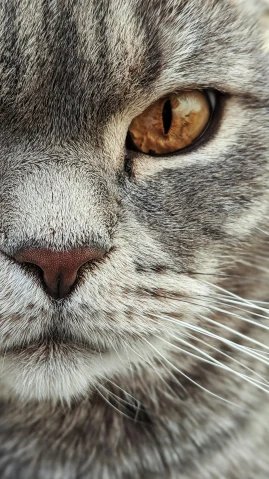 a close up of a cat's face with yellow eyes, a picture, shutterstock, square nose, shot with sony alpha, silver, high-resolution photo