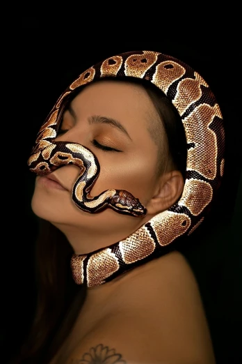 a woman with a snake on her face, a hyperrealistic painting, inspired by Hedi Xandt, trending on pexels, hyperrealism, animal hat, long chin, realistic cosplay, hyperrealism photo