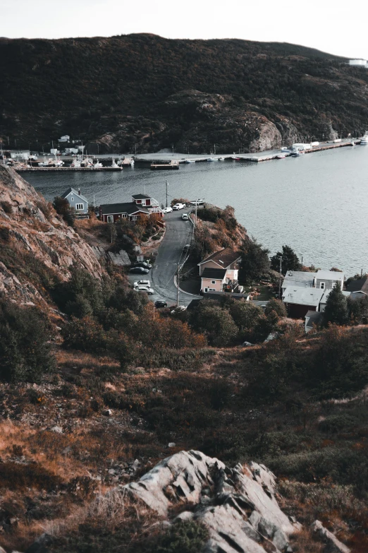 an aerial s of a coastal area next to water