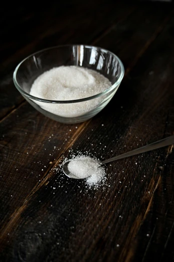 a bowl of sugar sitting on top of a wooden table, a portrait, unsplash, detailed product image, kek, sparkling, small