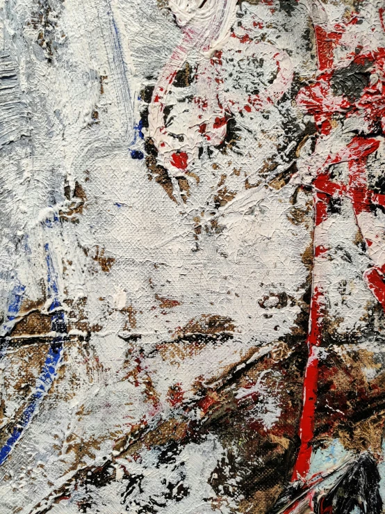 a close up of a painting on a wall, inspired by Jean-Paul Riopelle, reddit, lyrical abstraction, blue and white and red mist, ilustration, closeup!!!!!, teaser