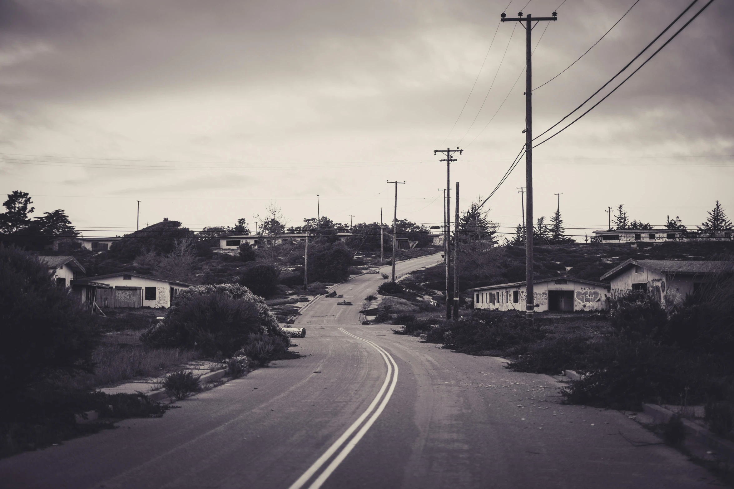 black and white pograph of a rural street