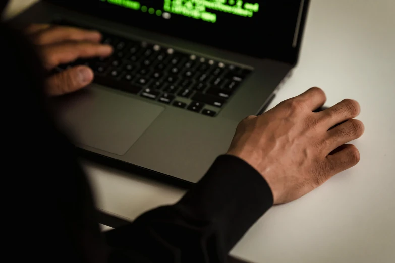 a close up of a person typing on a laptop, a computer rendering, pexels, an intruder, brown, cyber noir, multi-part