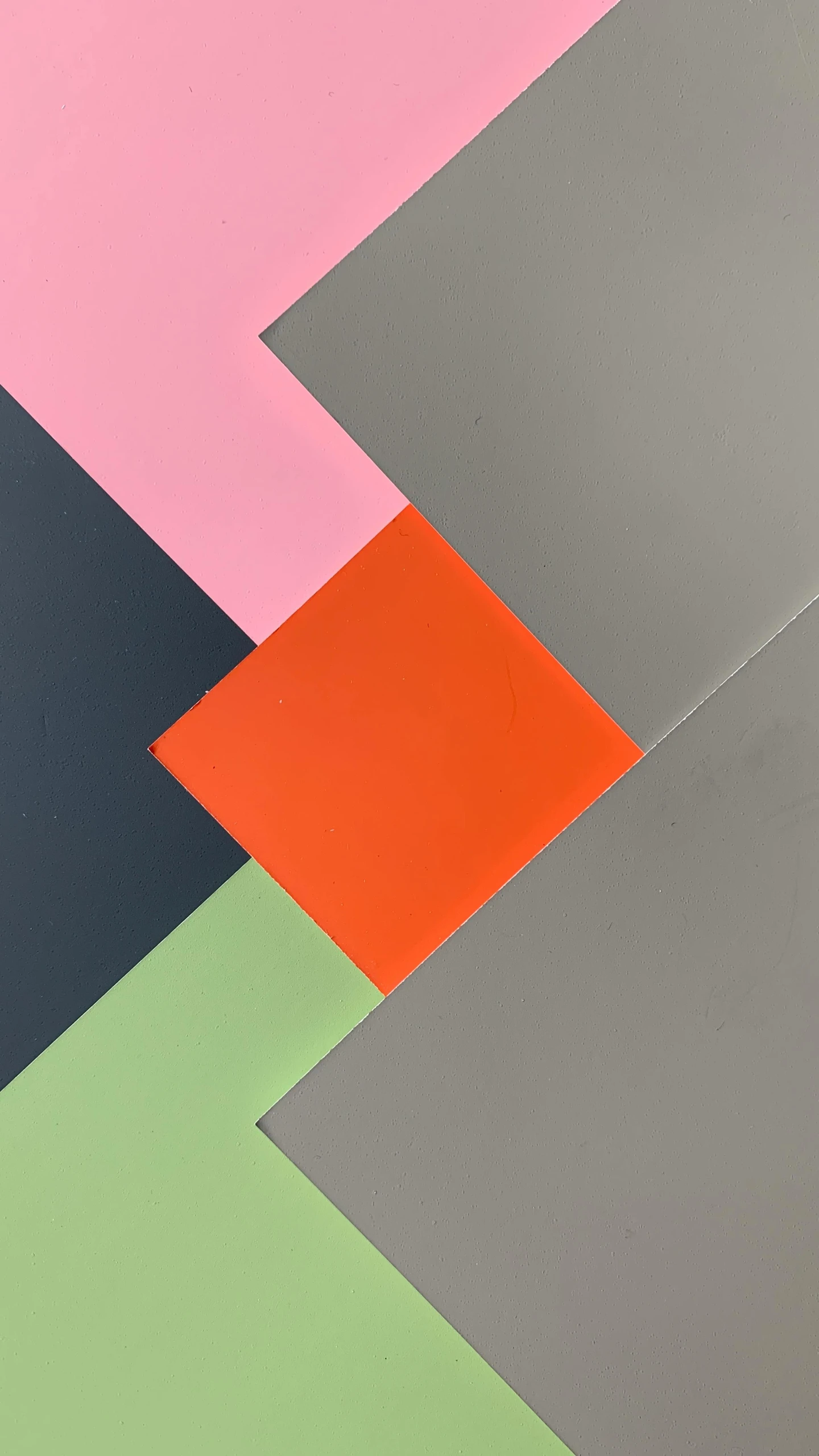 an abstract painting with different colors and shapes, inspired by Frederick Hammersley, unsplash, color field, grey orange, paper origami, green and pink colour palette, bird view