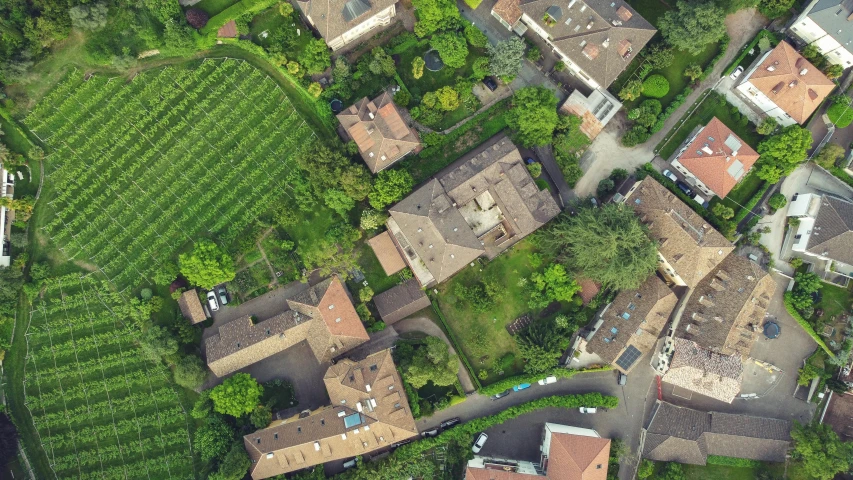 aerial s of roofs and houses near a waterway