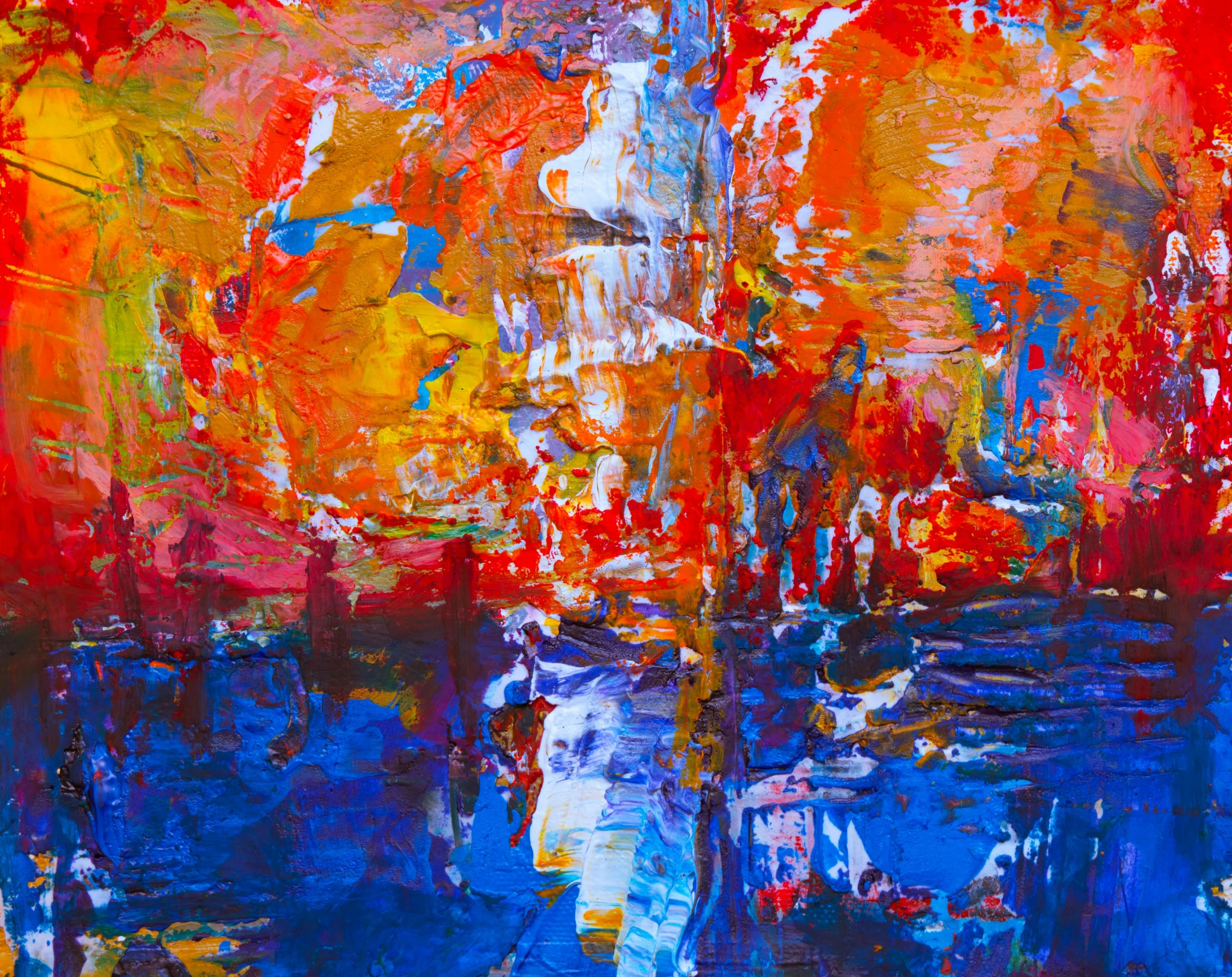 a painting with red, yellow, and blue colors, by Micha Klein, pexels, abstract expressionism, palette knife, colors reflecting on lake, celebration, prussian blue and venetian red