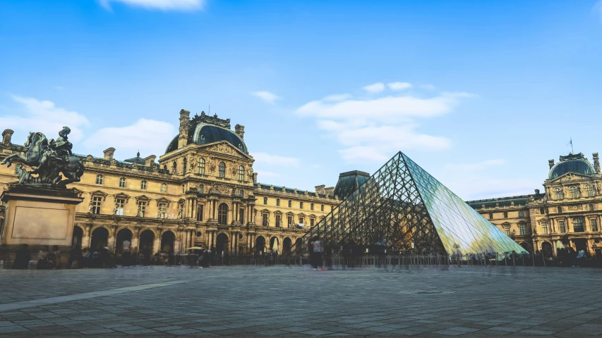 a large building with a glass pyramid in front of it, pexels contest winner, visual art, french, square, thumbnail, preserved historical