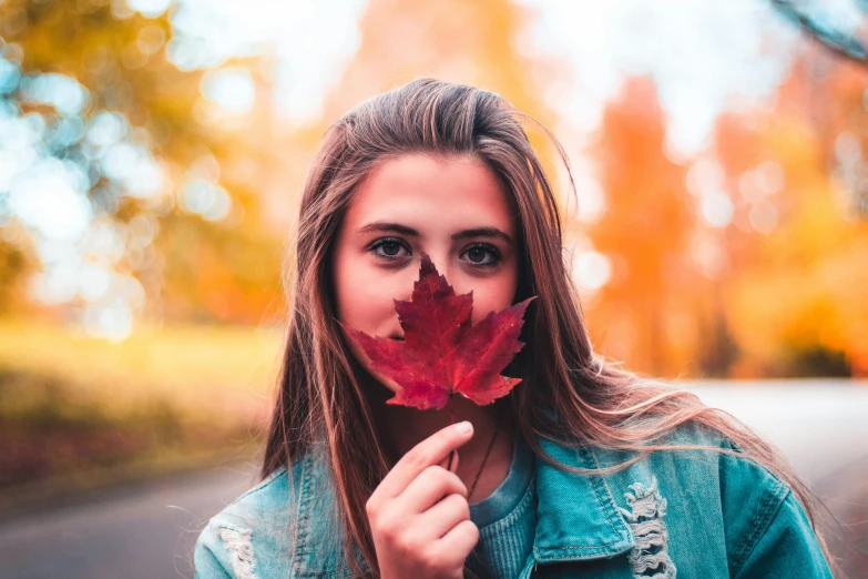 a woman holding a leaf in front of her face, pexels contest winner, handsome girl, 🍂 cute, canadian maple leaves, avatar image