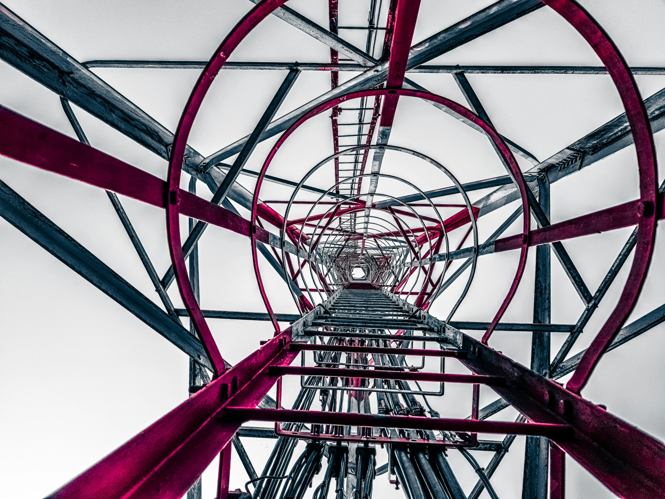 a view looking up at the top of a tower, pexels contest winner, constructivism, magenta and gray, oil rig, red webs, phone photo