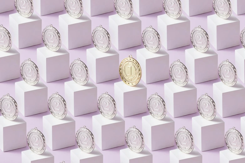 a gold coin sitting on top of a pile of white cubes, inspired by Évariste Vital Luminais, lilac, one model, ultraclear intricate, award-winning style