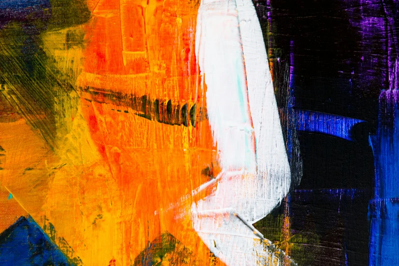 a close up of a painting on a wall, inspired by Hans Hartung, pexels contest winner, lyrical abstraction, tilt and orange, multicolored digital art, single portrait, high - contrast