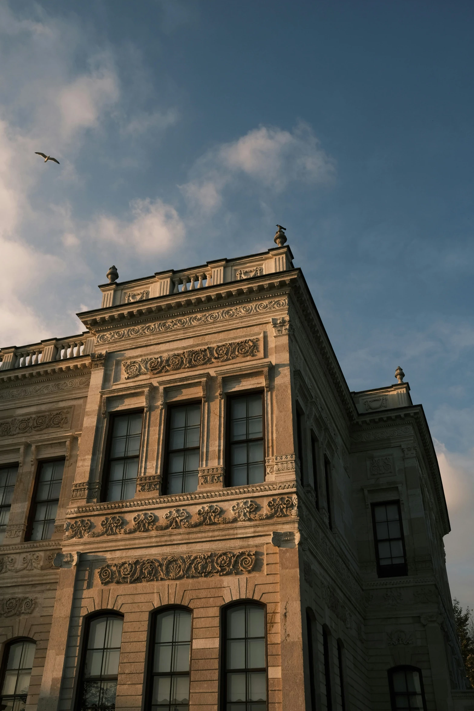 a large building with a bird flying in the sky, inspired by Edwin Deakin, neoclassicism, shot from roofline, wunderkammer, morning lighting, museum photograph