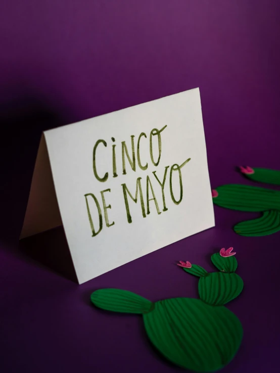 a card with the words cinco de mayoo on it, paper cut out, product shot, detail shot, green and purple