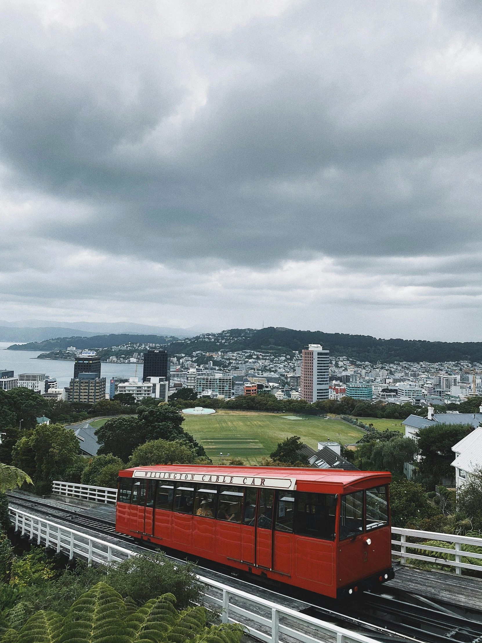 a red train traveling down tracks next to a lush green hillside, a black and white photo, overlooking a modern city, north island brown kiwi, rainy, 🚿🗝📝