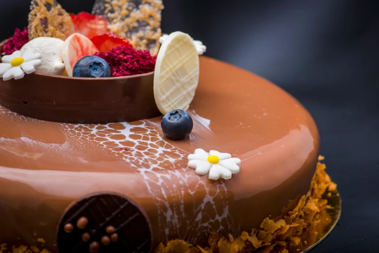 a chocolate cake topped with strawberries and blueberries, pexels contest winner, romanticism, caramel, glossy surface, gold, intricate detail