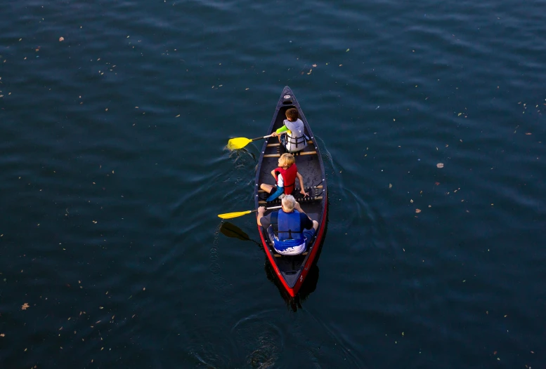 a couple of people in a canoe on a body of water, bird's eye, family friendly, promo image, bay area