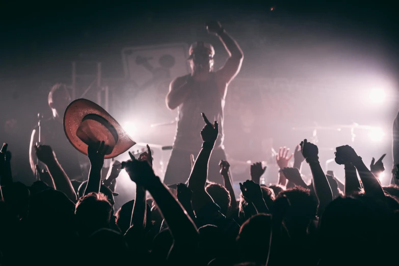 a crowd of people at a concert with their hands in the air, a cartoon, pexels contest winner, technoviking male with no shirt, cowboy shot, lachlan bailey, faded and dusty