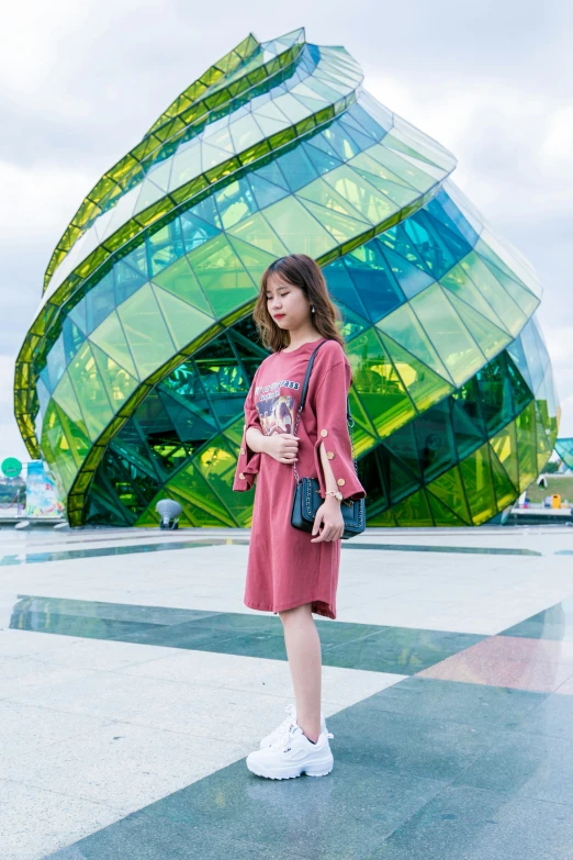 a woman standing in front of a building, a picture, inspired by Cheng Jiasui, instagram, at a mall, wearing dress, 8 k ), ((portrait))