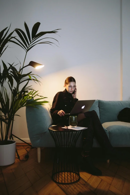 a woman sitting on a couch using a laptop, by Sebastian Vrancx, pexels contest winner, emerging from her lamp, next to a plant, lights on, people at work