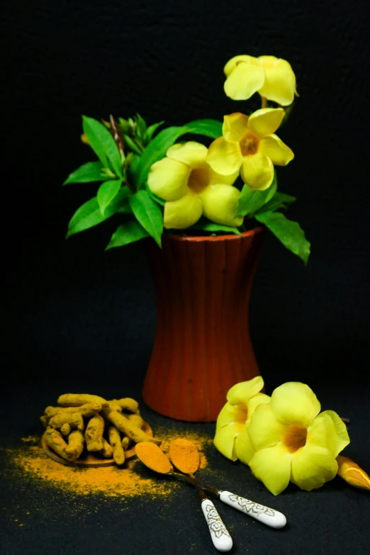 a vase filled with yellow flowers next to a couple of spoons, inspired by Li Di, shutterstock contest winner, assamese aesthetic, snacks, lush plants flowers, ( visually stunning