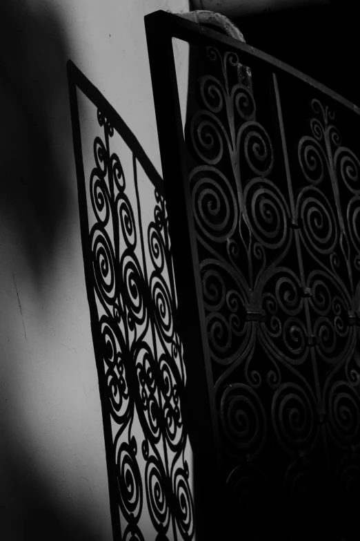 a black and white photo of a bird sitting on a railing, inspired by Brassaï, flickr, baroque, iron arc gate door texture, silhouette :7, made of wrought iron, enter night