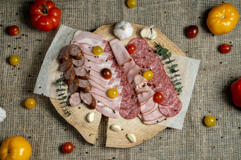 a plate topped with meat and vegetables on top of a table, salami, high quality product image”, fan favorite, various sizes
