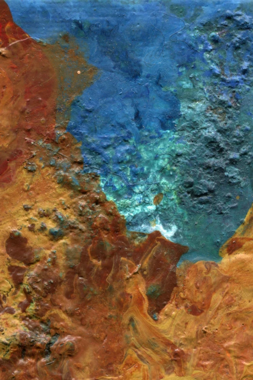 a close up of a painting of a body of water, a digital rendering, by Marcello Bacciarelli, flickr, the australian desert, crater, amber and blue color scheme, “ aerial view of a mountain