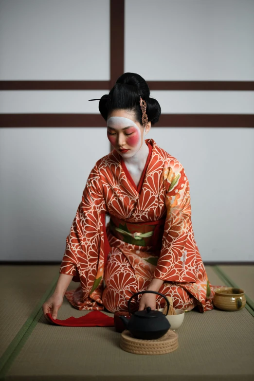 a woman in a kimono sitting on the floor, blending, wearing traditional garb, square, highlight