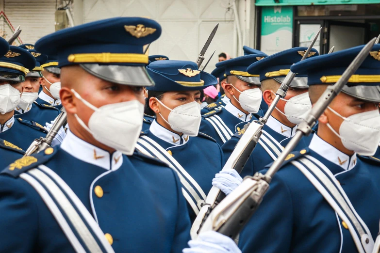 a group of men in uniform standing next to each other, by Alejandro Obregón, pexels contest winner, quito school, masked female violinists, air force, profile image, coronavirus