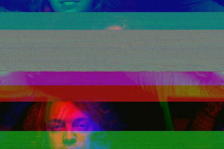a group of people standing next to each other, an album cover, inspired by Lasar Segall, synchromism, eyes are multicolored led screen, frank dillane, ( ( stippled gradients ) ), damaged webcam image