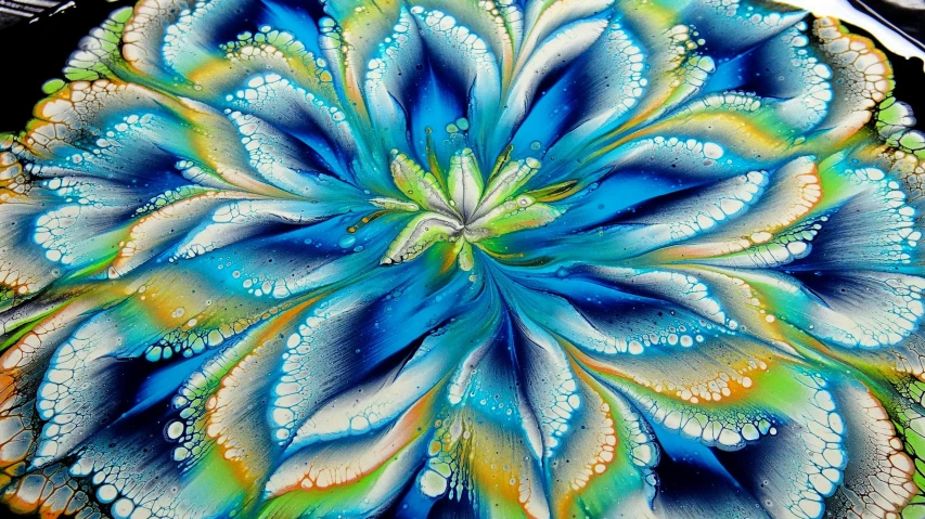 a close up of a plate of food on a table, an airbrush painting, inspired by Penny Patricia Poppycock, blue crystal exploding, inside the flower, cool blue and green colors, intricate flowing paint