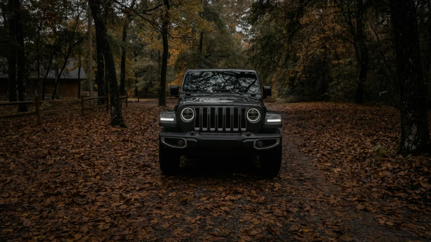 a black jeep is parked in the woods