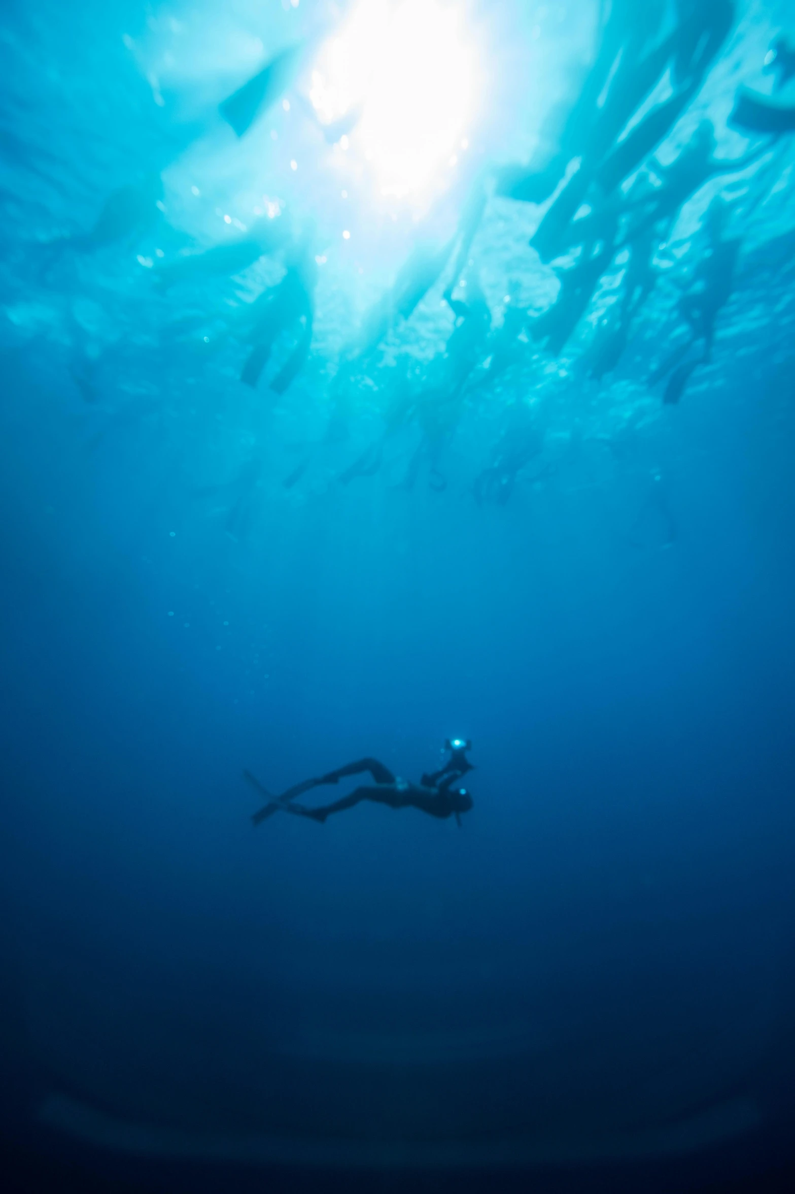 a scuba diver and sunlight beams behind