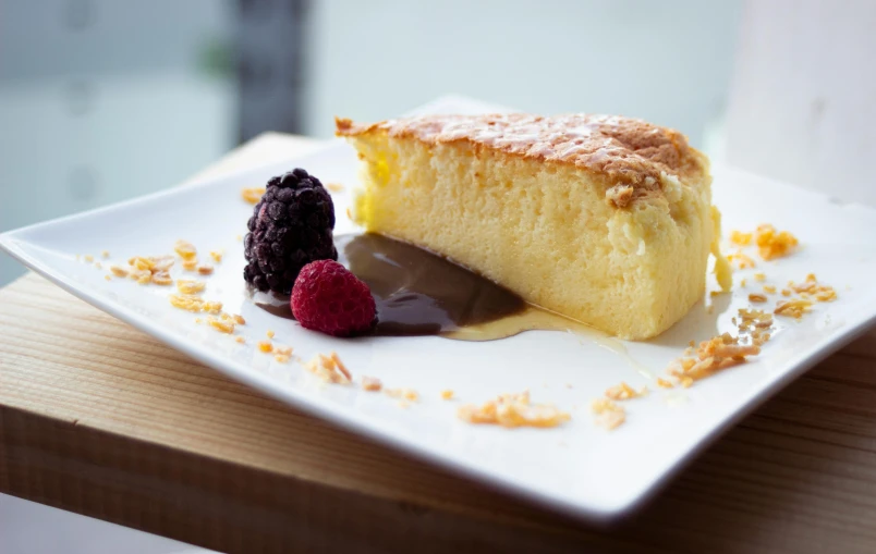 a close up of a plate with a desert on a table