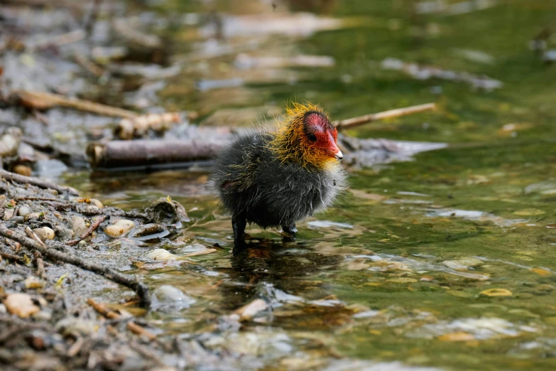 a bird that is standing in some water, by Jan Tengnagel, pexels contest winner, hurufiyya, cute little creature, on a riverbank, red eyed, hatched ear