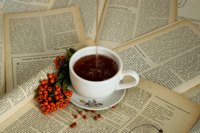 a cup of tea sitting on top of an open book, by Lucia Peka, pexels contest winner, romanticism, newspaper collage, “berries, soup, brown