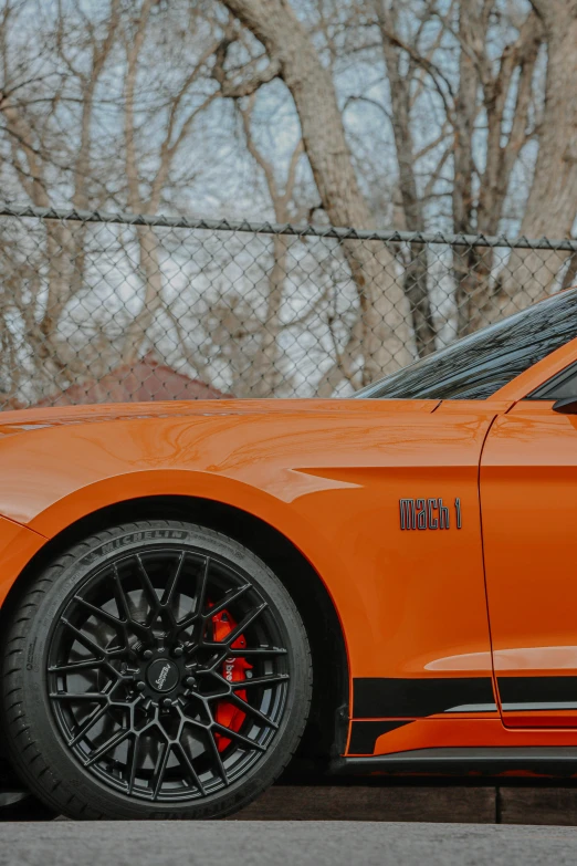 an orange mustang parked on the side of the road, pexels contest winner, renaissance, high body detail, inspect in inventory image, black and terracotta, detail shots