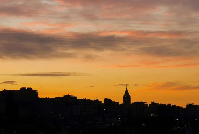 a plane flying over a city at sunset, by Daniel Gelon, pexels contest winner, post-impressionism, background basilica! sacre coeur, panorama view of the sky, silhouette over sunset, waking up