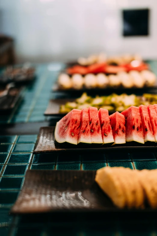 a number of plates of food on a table, pexels, mingei, watermelon, lined up horizontally, resort, overlay