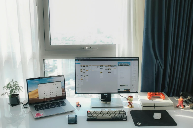 a laptop computer sitting on top of a white desk, by Carey Morris, pexels contest winner, many monitors, avatar image, morning time, lavishly decorated