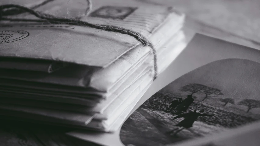 a stack of mail sitting on top of a table, a black and white photo, pexels contest winner, private press, old photobook, a close up shot, soft memories, an intricate