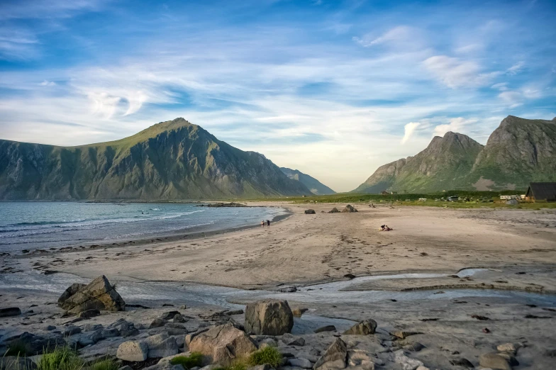 an idyllic beach with mountains on the other side