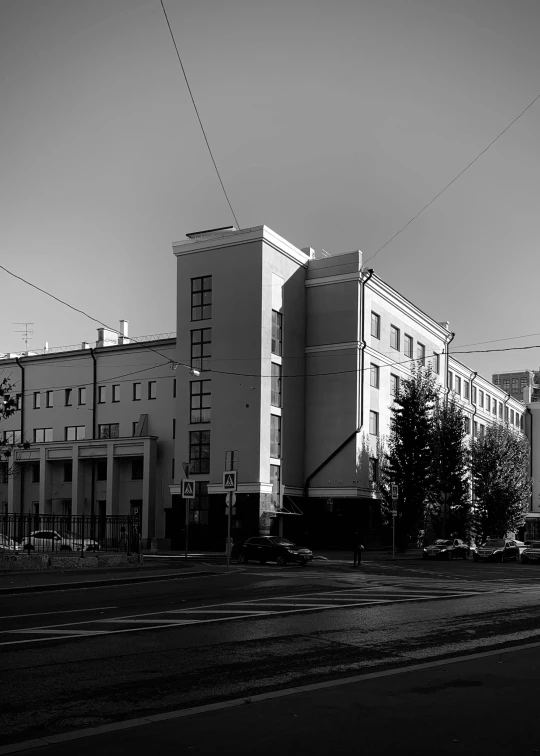a black and white photo of a large building, inspired by Vassily Maximov, view from the street, 3 4 5 3 1, monochrome color, high quality image