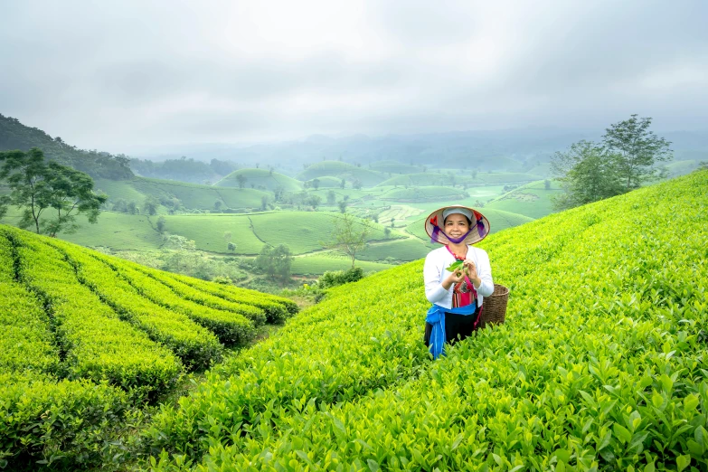 a woman standing on top of a lush green hillside, by Basuki Abdullah, pexels contest winner, sumatraism, teapots, avatar image, square, wearing a straw hat and overalls