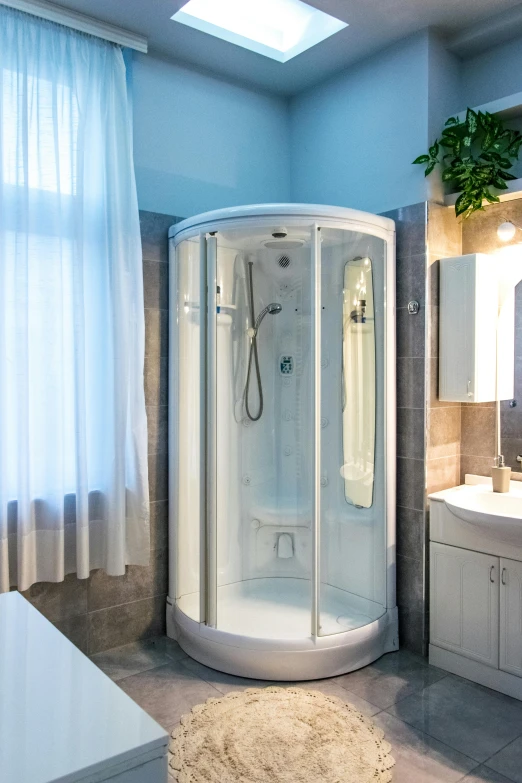 a corner bathroom with a shower and toilet